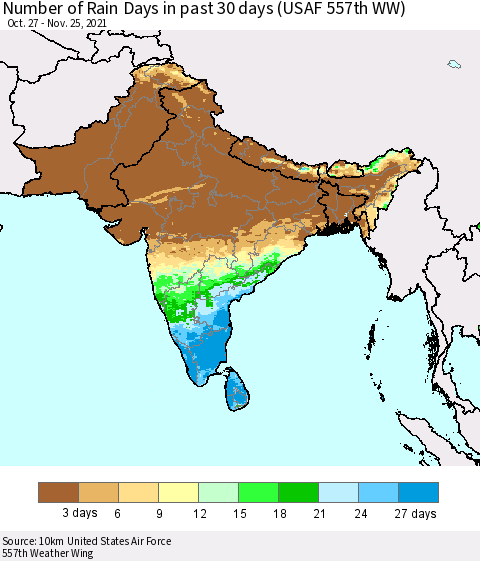Southern Asia Number of Rain Days in past 30 days (USAF 557th WW) 11/25/2021 Thematic Map For 11/21/2021 - 11/25/2021