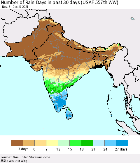 Southern Asia Number of Rain Days in past 30 days (USAF 557th WW) 12/05/2021 Thematic Map For 12/1/2021 - 12/5/2021