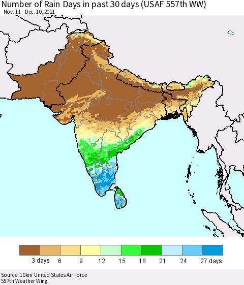Southern Asia Number of Rain Days in past 30 days (USAF 557th WW) 12/10/2021 Thematic Map For 12/6/2021 - 12/10/2021