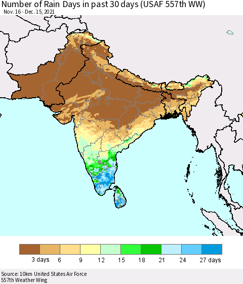 Southern Asia Number of Rain Days in past 30 days (USAF 557th WW) 12/15/2021 Thematic Map For 12/11/2021 - 12/15/2021