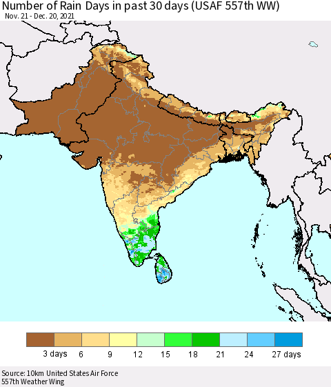 Southern Asia Number of Rain Days in past 30 days (USAF 557th WW) 12/20/2021 Thematic Map For 12/16/2021 - 12/20/2021