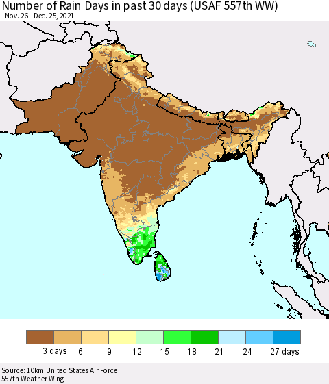 Southern Asia Number of Rain Days in past 30 days (USAF 557th WW) 12/25/2021 Thematic Map For 12/21/2021 - 12/25/2021