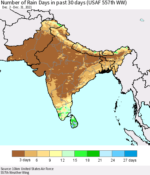Southern Asia Number of Rain Days in past 30 days (USAF 557th WW) 12/31/2021 Thematic Map For 12/26/2021 - 12/31/2021