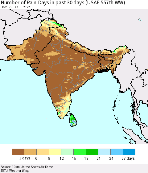 Southern Asia Number of Rain Days in past 30 days (USAF 557th WW) 01/05/2022 Thematic Map For 1/1/2022 - 1/5/2022