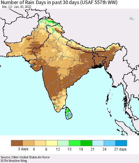 Southern Asia Number of Rain Days in past 30 days (USAF 557th WW) 01/10/2022 Thematic Map For 1/6/2022 - 1/10/2022