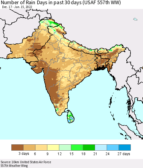 Southern Asia Number of Rain Days in past 30 days (USAF 557th WW) 01/15/2022 Thematic Map For 1/11/2022 - 1/15/2022