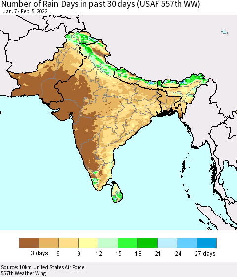 Southern Asia Number of Rain Days in past 30 days (USAF 557th WW) 02/05/2022 Thematic Map For 2/1/2022 - 2/5/2022
