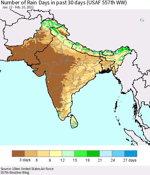 Southern Asia Number of Rain Days in past 30 days (USAF 557th WW) 02/10/2022 Thematic Map For 2/6/2022 - 2/10/2022