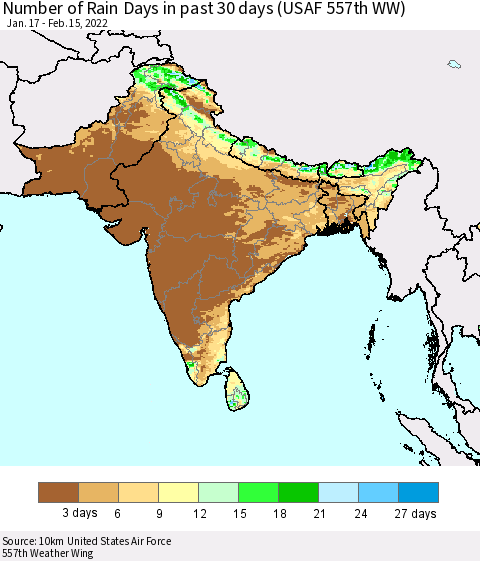Southern Asia Number of Rain Days in past 30 days (USAF 557th WW) 02/15/2022 Thematic Map For 2/11/2022 - 2/15/2022