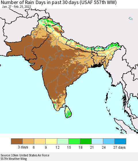 Southern Asia Number of Rain Days in past 30 days (USAF 557th WW) 02/25/2022 Thematic Map For 2/21/2022 - 2/25/2022