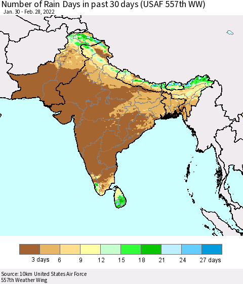 Southern Asia Number of Rain Days in past 30 days (USAF 557th WW) 02/28/2022 Thematic Map For 2/26/2022 - 2/28/2022