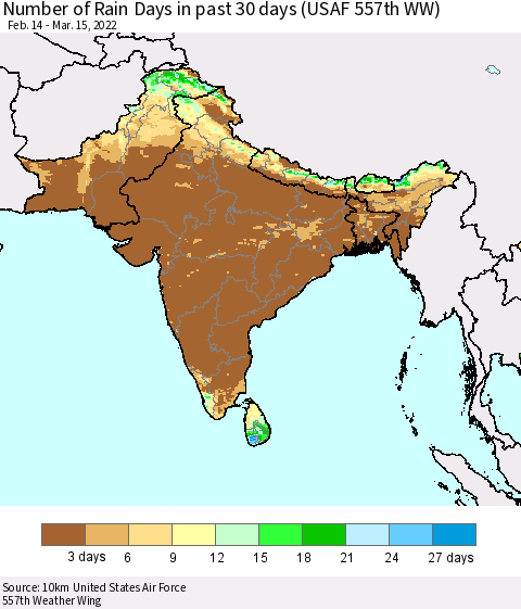 Southern Asia Number of Rain Days in past 30 days (USAF 557th WW) 03/15/2022 Thematic Map For 3/11/2022 - 3/15/2022