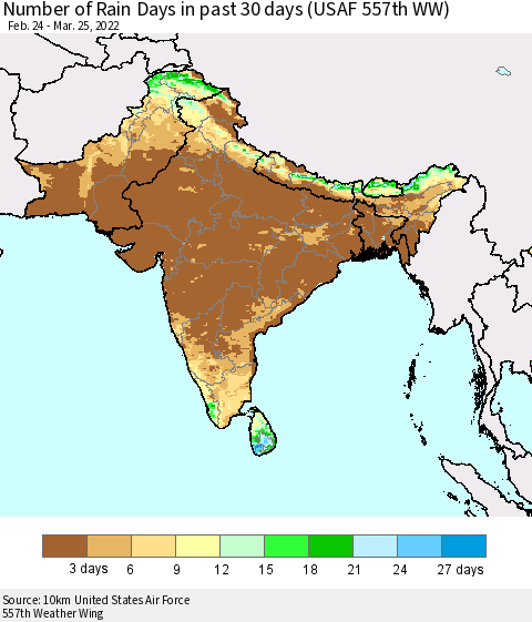 Southern Asia Number of Rain Days in past 30 days (USAF 557th WW) 03/25/2022 Thematic Map For 3/21/2022 - 3/25/2022