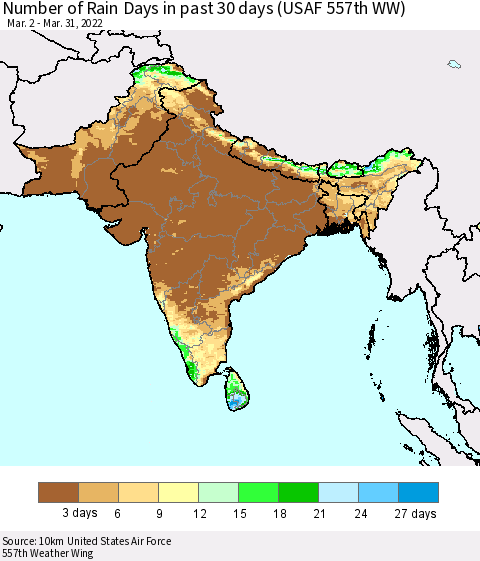Southern Asia Number of Rain Days in past 30 days (USAF 557th WW) 03/31/2022 Thematic Map For 3/26/2022 - 3/31/2022