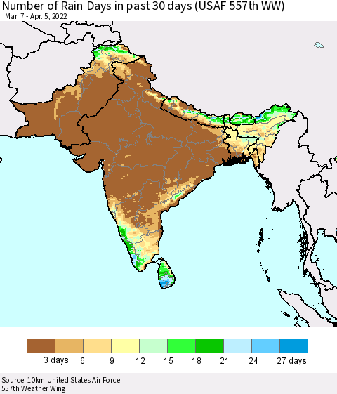 Southern Asia Number of Rain Days in past 30 days (USAF 557th WW) 04/05/2022 Thematic Map For 4/1/2022 - 4/5/2022