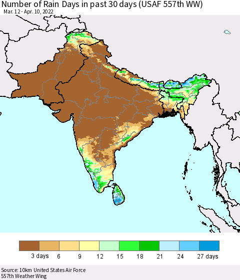 Southern Asia Number of Rain Days in past 30 days (USAF 557th WW) 04/10/2022 Thematic Map For 4/6/2022 - 4/10/2022