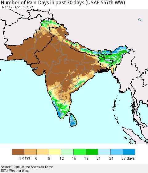 Southern Asia Number of Rain Days in past 30 days (USAF 557th WW) 04/15/2022 Thematic Map For 4/11/2022 - 4/15/2022