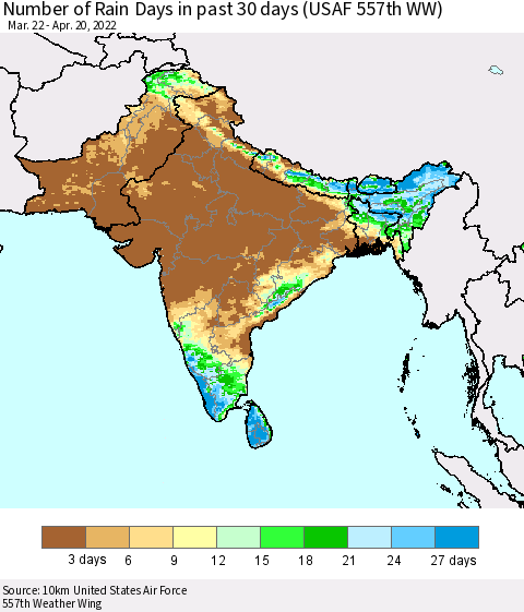 Southern Asia Number of Rain Days in past 30 days (USAF 557th WW) 04/20/2022 Thematic Map For 4/16/2022 - 4/20/2022