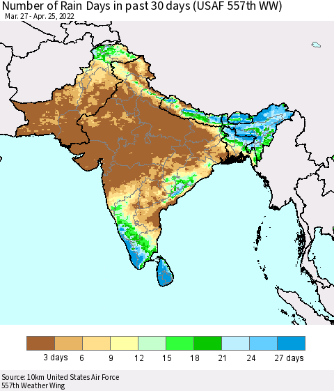 Southern Asia Number of Rain Days in past 30 days (USAF 557th WW) 04/25/2022 Thematic Map For 4/21/2022 - 4/25/2022