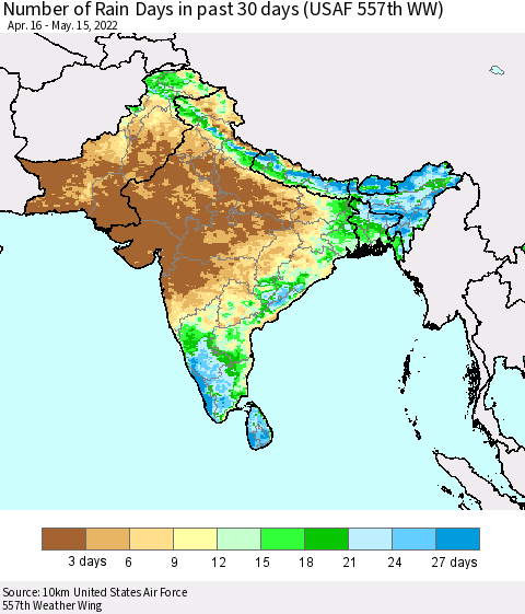 Southern Asia Number of Rain Days in past 30 days (USAF 557th WW) 05/15/2022 Thematic Map For 5/11/2022 - 5/15/2022