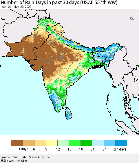 Southern Asia Number of Rain Days in past 30 days (USAF 557th WW) 05/20/2022 Thematic Map For 5/16/2022 - 5/20/2022