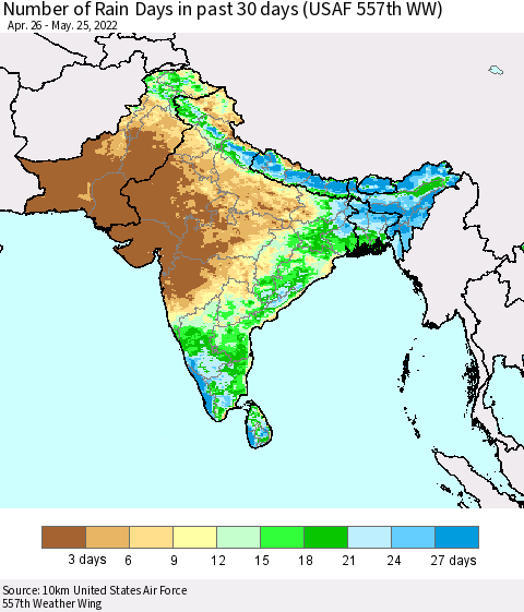 Southern Asia Number of Rain Days in past 30 days (USAF 557th WW) 05/25/2022 Thematic Map For 5/21/2022 - 5/25/2022