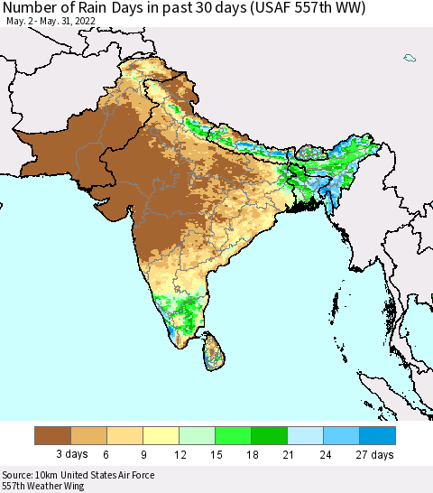 Southern Asia Number of Rain Days in past 30 days (USAF 557th WW) 05/31/2022 Thematic Map For 5/26/2022 - 5/31/2022