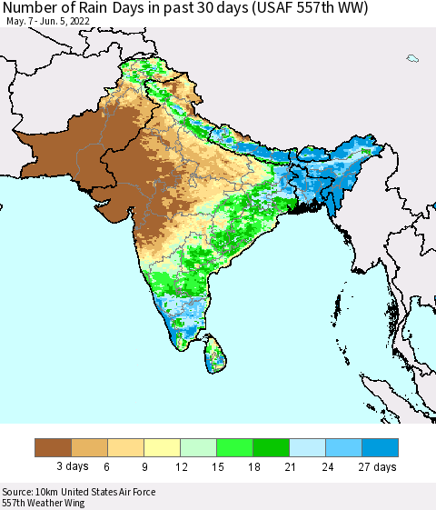 Southern Asia Number of Rain Days in past 30 days (USAF 557th WW) 06/05/2022 Thematic Map For 6/1/2022 - 6/5/2022