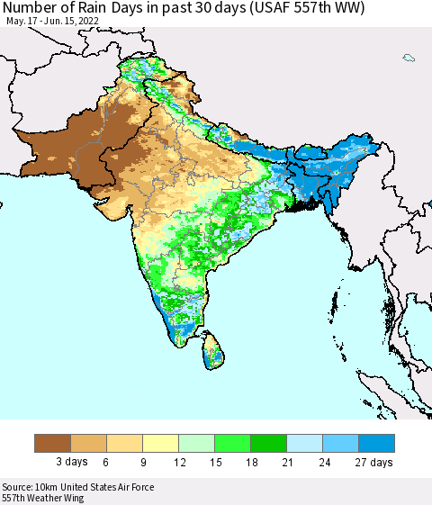 Southern Asia Number of Rain Days in past 30 days (USAF 557th WW) 06/15/2022 Thematic Map For 6/11/2022 - 6/15/2022