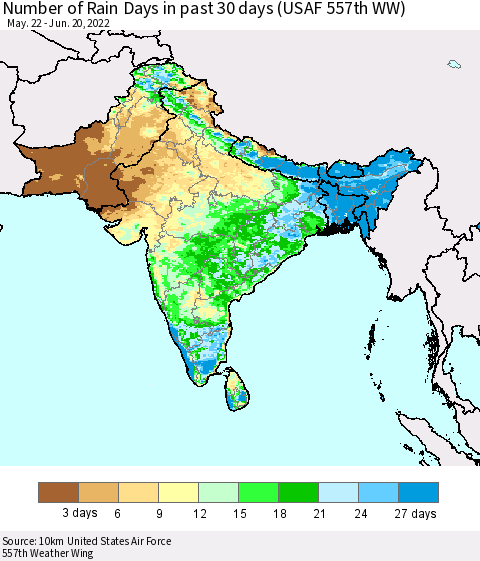 Southern Asia Number of Rain Days in past 30 days (USAF 557th WW) 06/20/2022 Thematic Map For 6/16/2022 - 6/20/2022