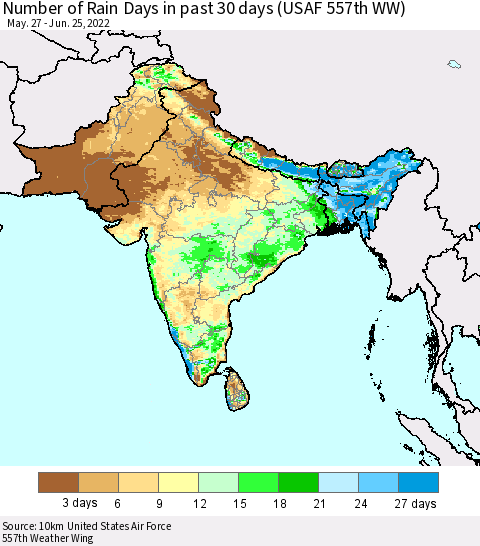 Southern Asia Number of Rain Days in past 30 days (USAF 557th WW) 06/25/2022 Thematic Map For 6/21/2022 - 6/25/2022