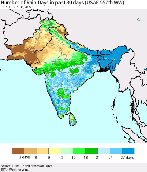 Southern Asia Number of Rain Days in past 30 days (USAF 557th WW) 06/30/2022 Thematic Map For 6/26/2022 - 6/30/2022