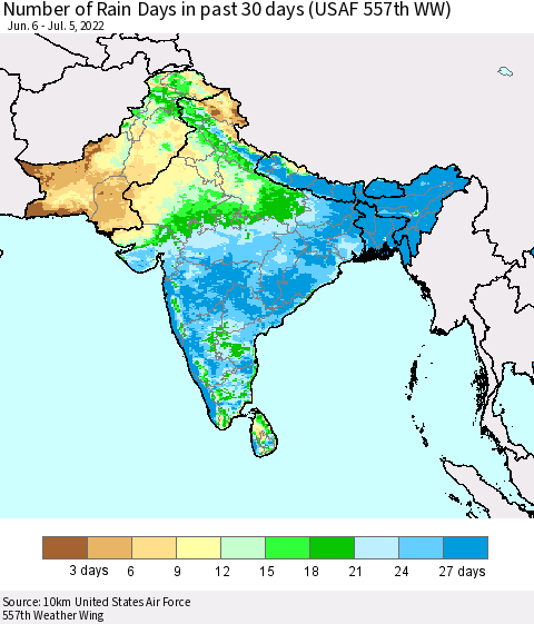 Southern Asia Number of Rain Days in past 30 days (USAF 557th WW) 07/05/2022 Thematic Map For 7/1/2022 - 7/5/2022