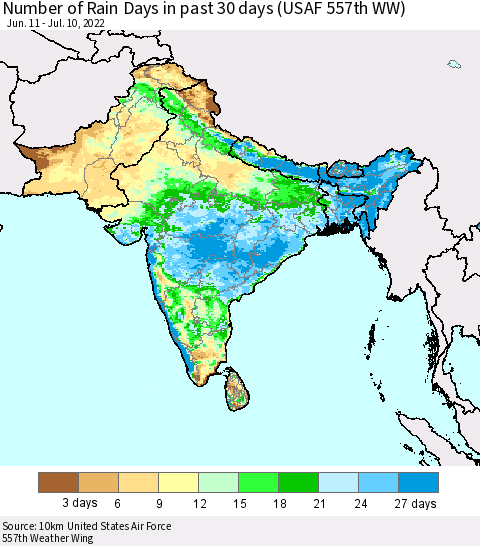 Southern Asia Number of Rain Days in past 30 days (USAF 557th WW) 07/10/2022 Thematic Map For 7/6/2022 - 7/10/2022