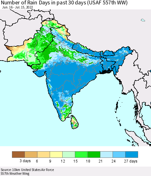 Southern Asia Number of Rain Days in past 30 days (USAF 557th WW) 07/15/2022 Thematic Map For 7/11/2022 - 7/15/2022