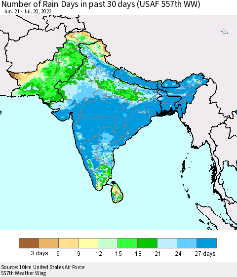 Southern Asia Number of Rain Days in past 30 days (USAF 557th WW) 07/20/2022 Thematic Map For 7/16/2022 - 7/20/2022