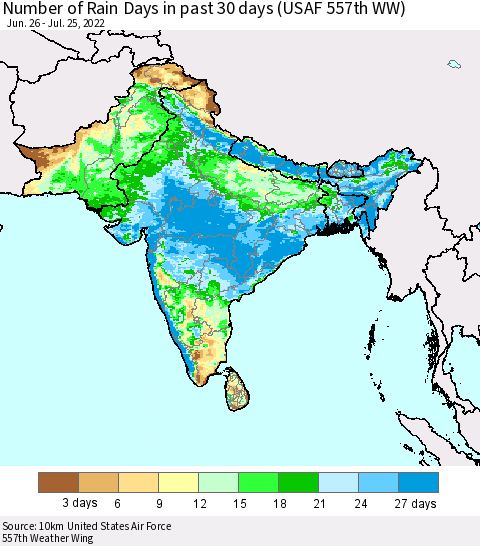 Southern Asia Number of Rain Days in past 30 days (USAF 557th WW) 07/25/2022 Thematic Map For 7/21/2022 - 7/25/2022