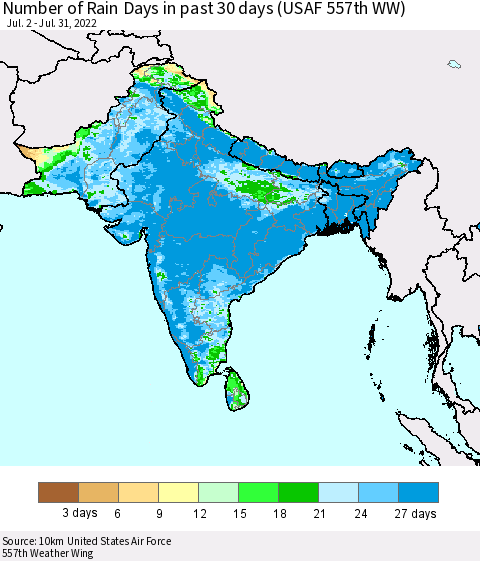 Southern Asia Number of Rain Days in past 30 days (USAF 557th WW) 07/31/2022 Thematic Map For 7/26/2022 - 7/31/2022