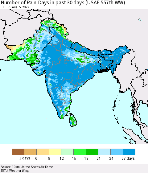 Southern Asia Number of Rain Days in past 30 days (USAF 557th WW) 08/05/2022 Thematic Map For 8/1/2022 - 8/5/2022