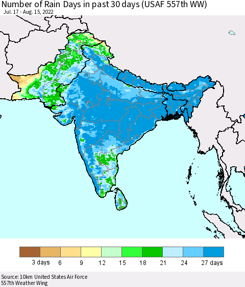 Southern Asia Number of Rain Days in past 30 days (USAF 557th WW) 08/15/2022 Thematic Map For 8/11/2022 - 8/15/2022