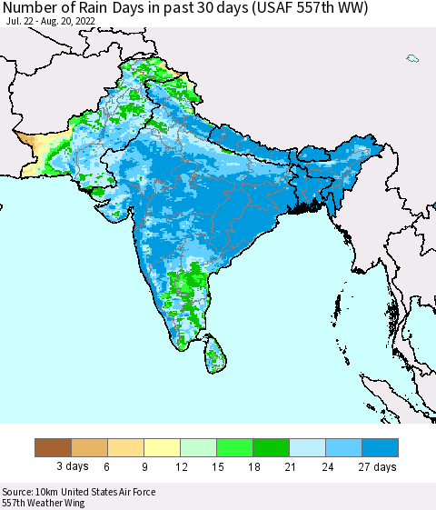 Southern Asia Number of Rain Days in past 30 days (USAF 557th WW) 08/20/2022 Thematic Map For 8/16/2022 - 8/20/2022
