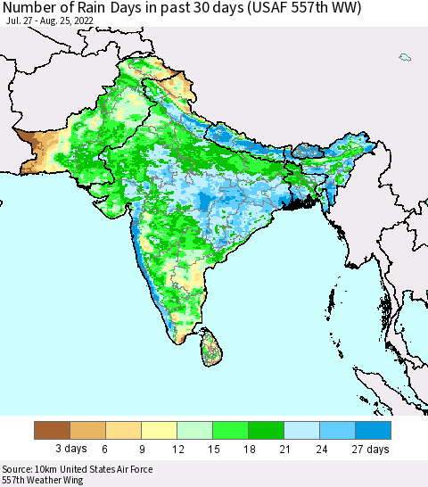 Southern Asia Number of Rain Days in past 30 days (USAF 557th WW) 08/25/2022 Thematic Map For 8/21/2022 - 8/25/2022