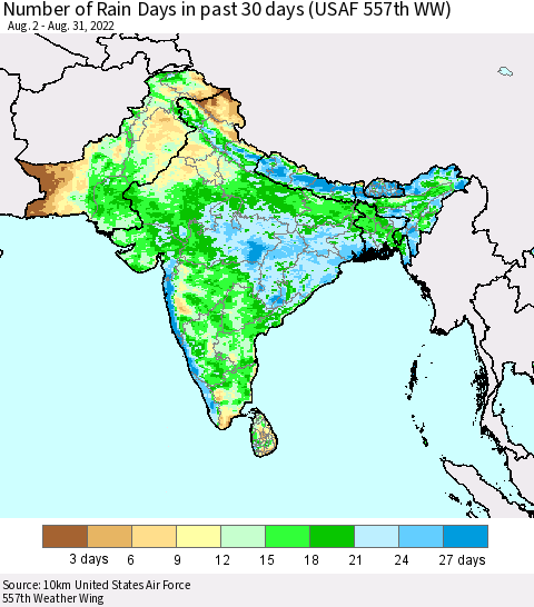 Southern Asia Number of Rain Days in past 30 days (USAF 557th WW) 08/31/2022 Thematic Map For 8/26/2022 - 8/31/2022