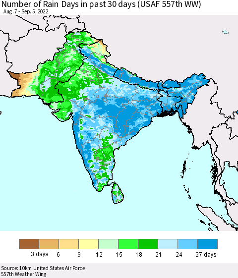 Southern Asia Number of Rain Days in past 30 days (USAF 557th WW) 09/05/2022 Thematic Map For 9/1/2022 - 9/5/2022