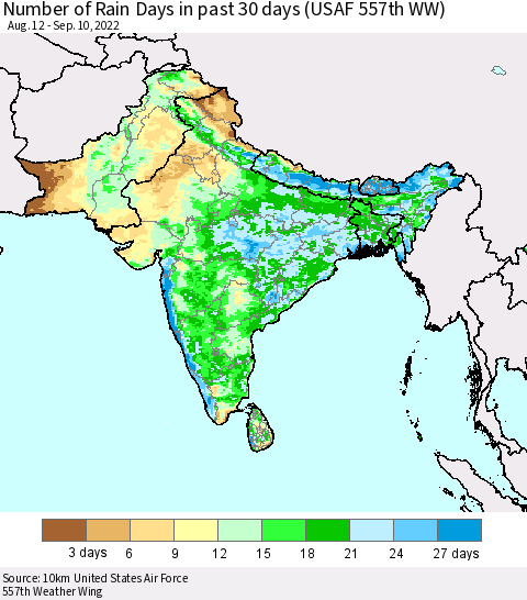 Southern Asia Number of Rain Days in past 30 days (USAF 557th WW) 09/10/2022 Thematic Map For 9/6/2022 - 9/10/2022