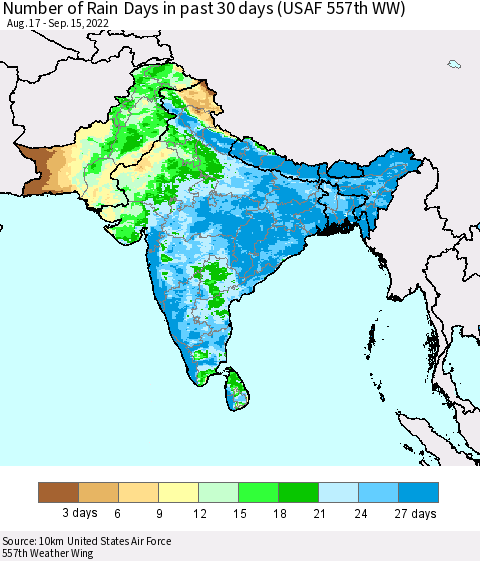 Southern Asia Number of Rain Days in past 30 days (USAF 557th WW) 09/15/2022 Thematic Map For 9/11/2022 - 9/15/2022