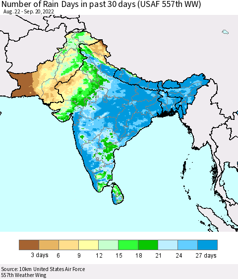 Southern Asia Number of Rain Days in past 30 days (USAF 557th WW) 09/20/2022 Thematic Map For 9/16/2022 - 9/20/2022