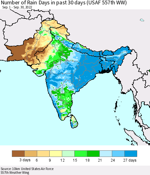 Southern Asia Number of Rain Days in past 30 days (USAF 557th WW) 09/30/2022 Thematic Map For 9/26/2022 - 9/30/2022