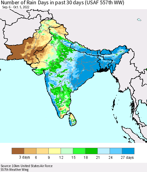Southern Asia Number of Rain Days in past 30 days (USAF 557th WW) 10/05/2022 Thematic Map For 10/1/2022 - 10/5/2022