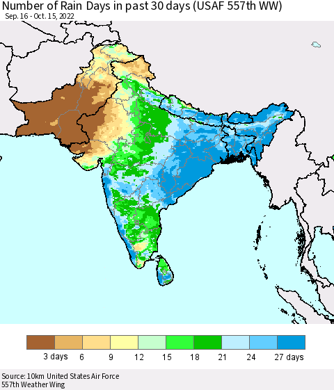 Southern Asia Number of Rain Days in past 30 days (USAF 557th WW) 10/15/2022 Thematic Map For 10/11/2022 - 10/15/2022
